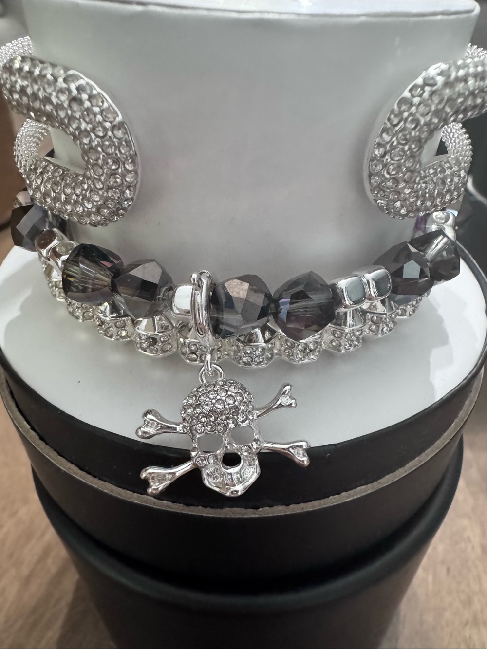 bp Silver Rhinestone Skull Charm Bracelet with Smoky Faceted Beads